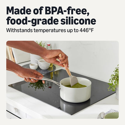 Amazon Basics Silicone Cooking Utensils Set with Wooden Handle, 14-Piece, BPA-Free, Utensil Holder Included, Linen Gray