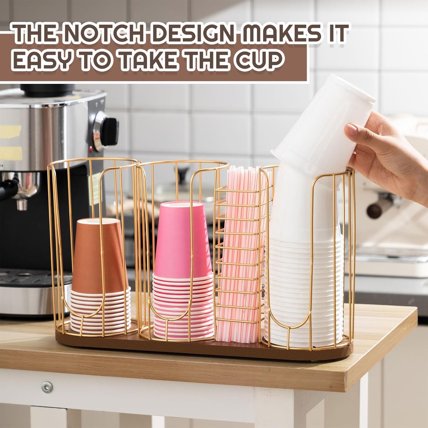 Geelin 18oz Adjustable Coffee Cup Dispenser with Wooden Base, Cup and Lid Holder, Cups Holder Organizer for Coffee Pod Straw and Lid Storage(2-compartment Single,Color 2)