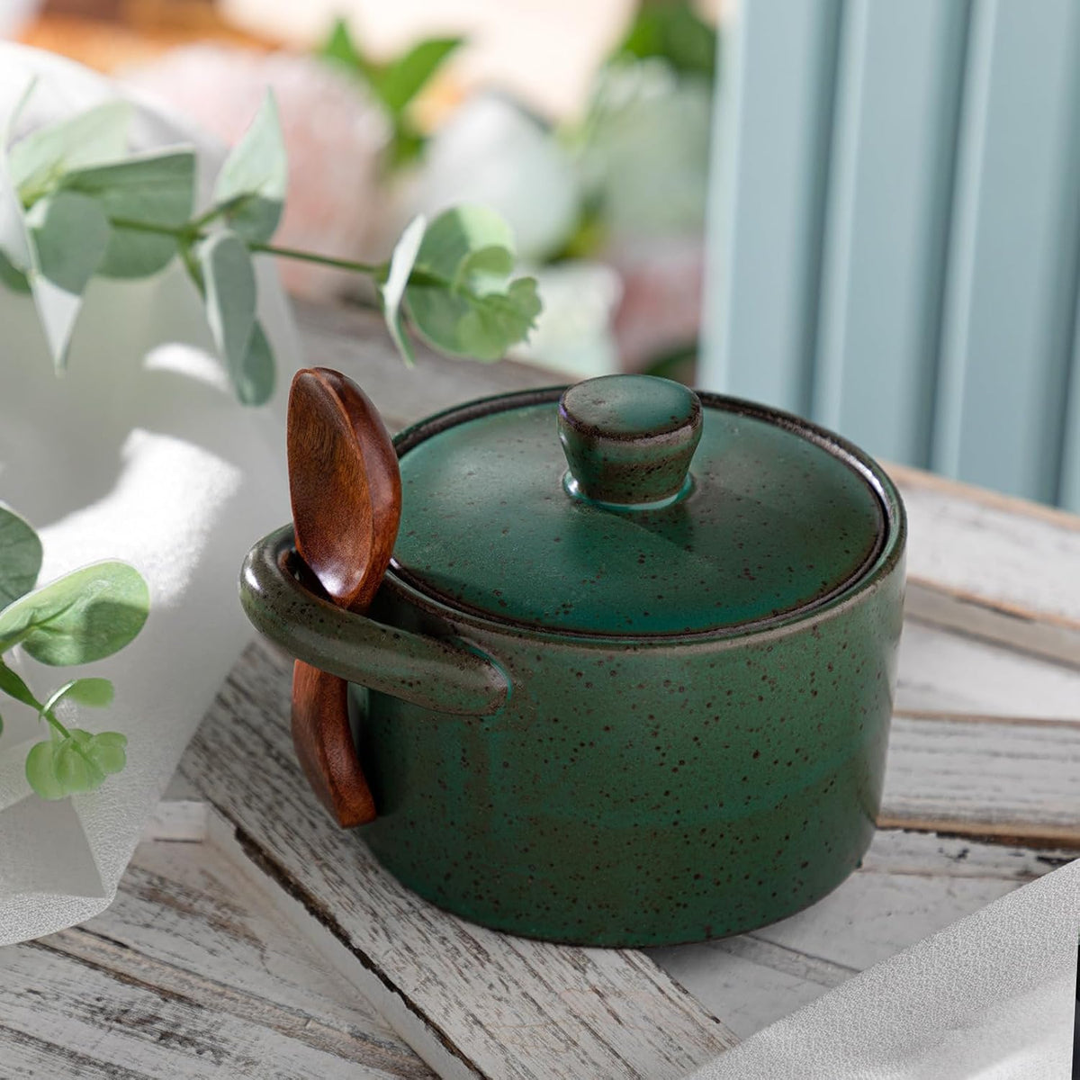 Honeydak Speckled Ceramic Salt Cellar with Lid and Wooden Spoon, Rustic Farmhouse Salt Pepper Cellar Holder for Mothers Day, Housewarming Gift, Heavyweight Spices Jar (Green)