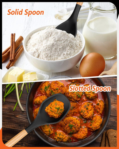 Large Silicone Cooking Spoons, 2 Pack Nonstick Solid and Slotted Wooden handle Spoon Set, Heat Resistan Silicone Kitchen Spoons for Cooking, Serving, Basting, Mixing (Khaki)