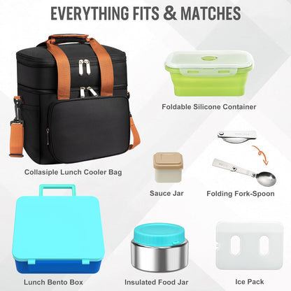 Adult Lunch Box Insulated Leak Proof Meal Prep Kit with 4-Compartment, Kids Soup Thermos for Hot & Cold Food, Lunch Box Containers for Men Women, Lunch Cooler Bag with Ice Pack for Work (Blue)