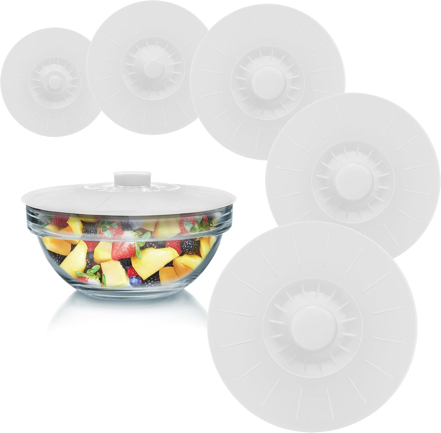 Silicone Bowl Lids Blue Set of 5 Reusable Suction Seal Covers for Bowls, Pots, Cups. Food Safe. Natural grip, interlocking handles for easy use and storage.