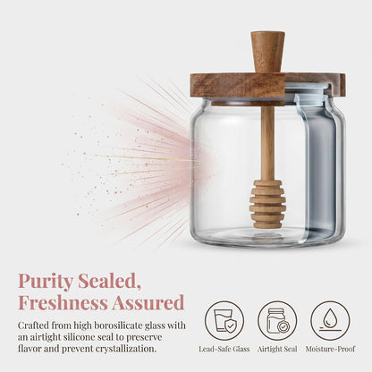 17 oz glass honey jar with wooden dipping spout and lid, sealed honey dispenser, kitchen wide mouthed honey pot, rural glass honey jar with dipping spout stick