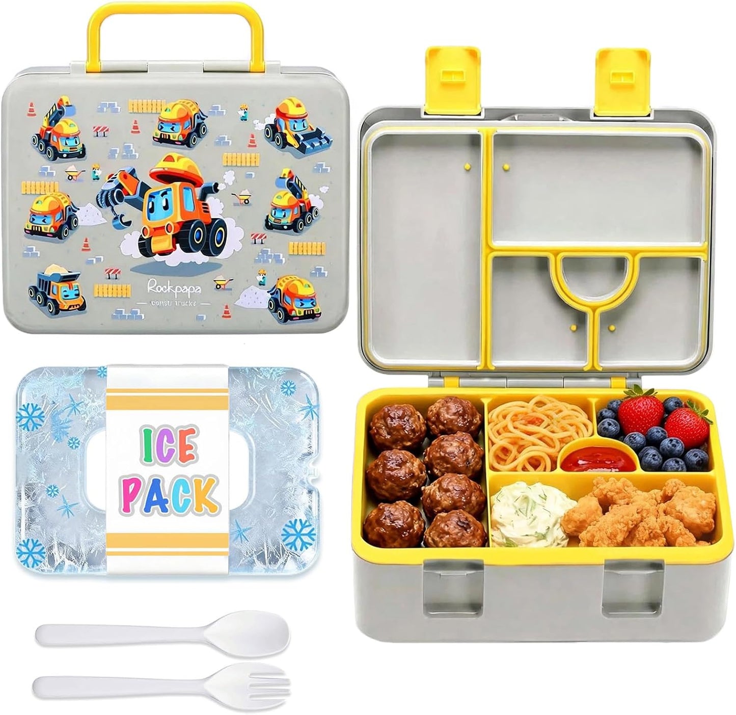 rockpapa Chill Bento Box for Kids- Large 5.5 Cups Lunch Box with Ice Pack - 5 Compartments, BPA-Free, Leak Proof, with Utensils & Portable Handle, Microwave/Dishwasher Safe (Purple Butterfly)