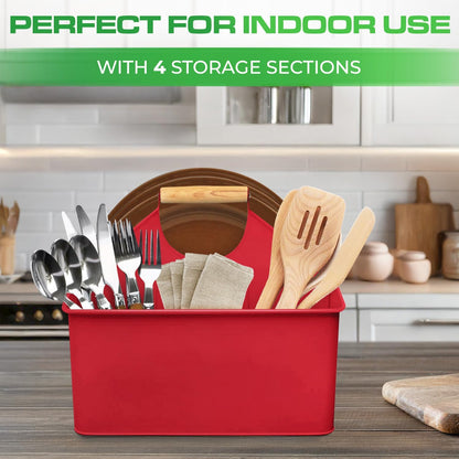 Plexon Metal Utensil Caddy With Handle - Farmhouse Rustic Kitchen Utensil Holder for Party Picnic Table Garden - Tool Cutlery Flatware Silverware Caddy Organizer Storage, Red