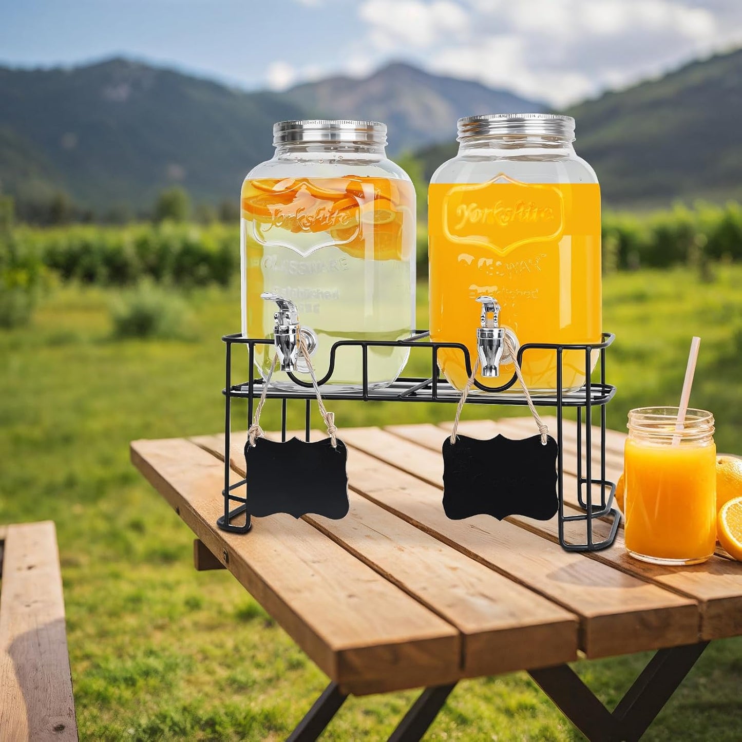 2-Pack 1 Gallon Glass Drink Dispensers for Parties - Leak-Proof Beverage Dispenser with Stand, Spigot, Ice Cylinder & Chalkboard Labels - Perfect for Lemonade, Iced Tea, and Party Drinks
