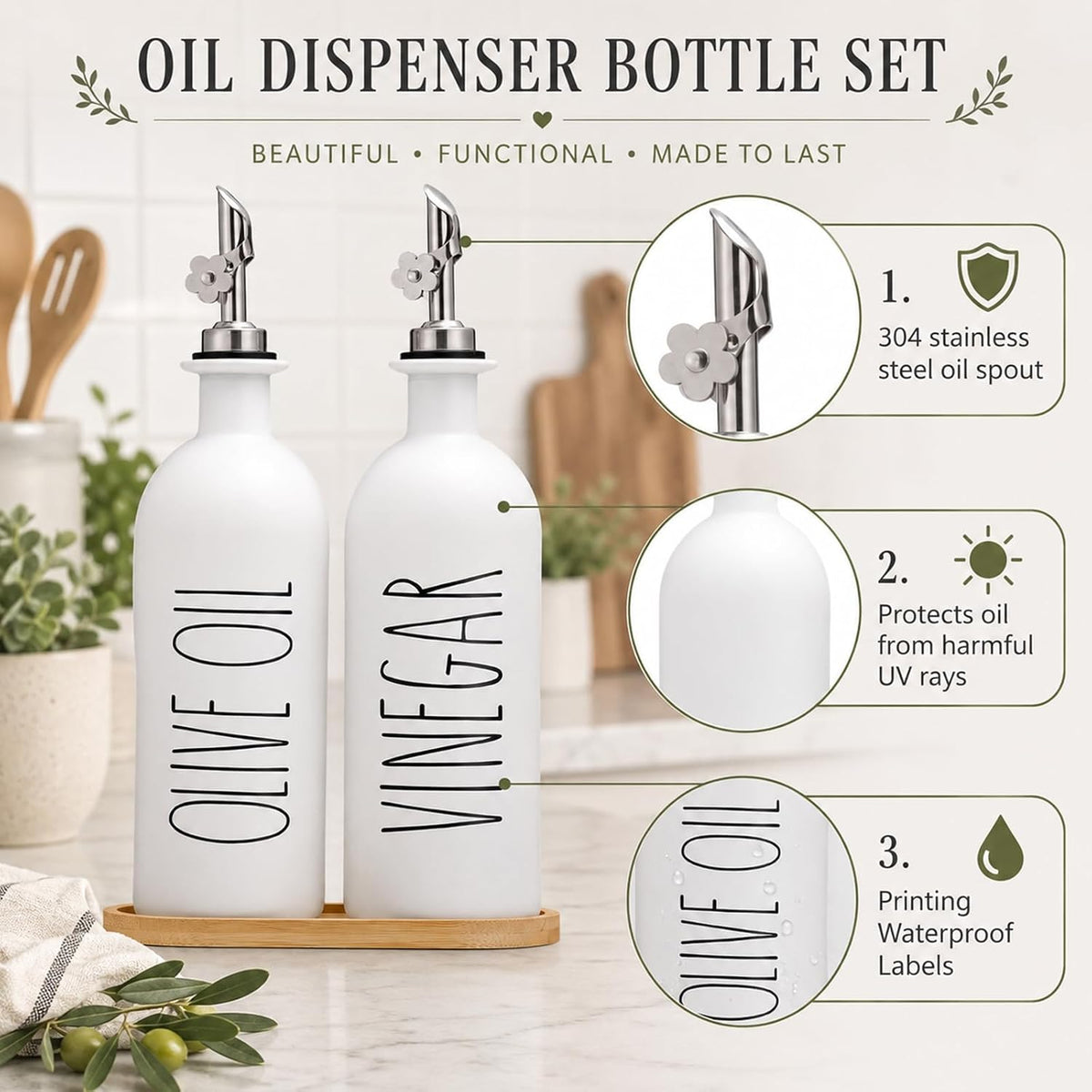 HOMCDALY Premium Olive Oil Dispenser for Kitchen, 11.8oz Glass Oil Bottles with Bamboo Tray, White Oil&Vinegar Cruet Set, Kitchen Dispenser Bottles with Pourer| Set of 2 (11.8oz –P–White)