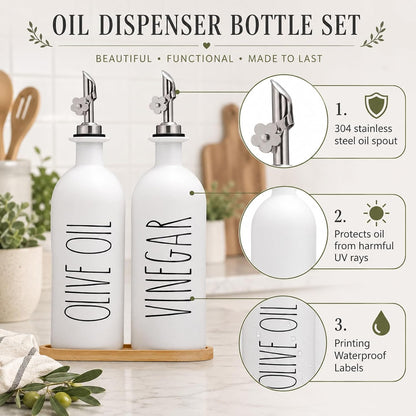 HOMCDALY Premium Olive Oil Dispenser for Kitchen, 11.8oz Glass Oil Bottles with Bamboo Tray, White Oil&Vinegar Cruet Set, Kitchen Dispenser Bottles with Pourer| Set of 2 (11.8oz –P–White)