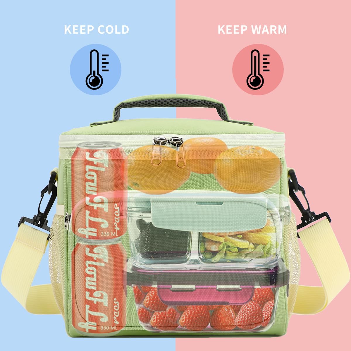 FlowFly Insulated Reusable Lunch Bag Adult Large Lunch Box for Women and Men with Adjustable Shoulder Strap,Front Zipper Pocket and Dual Large Mesh Side Pockets,Cherry - Colors B