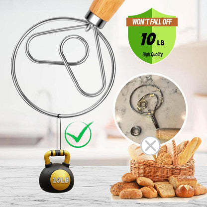 Danish Dough Whisk, Stainless Steel Wood Handle for Sourdough Bread