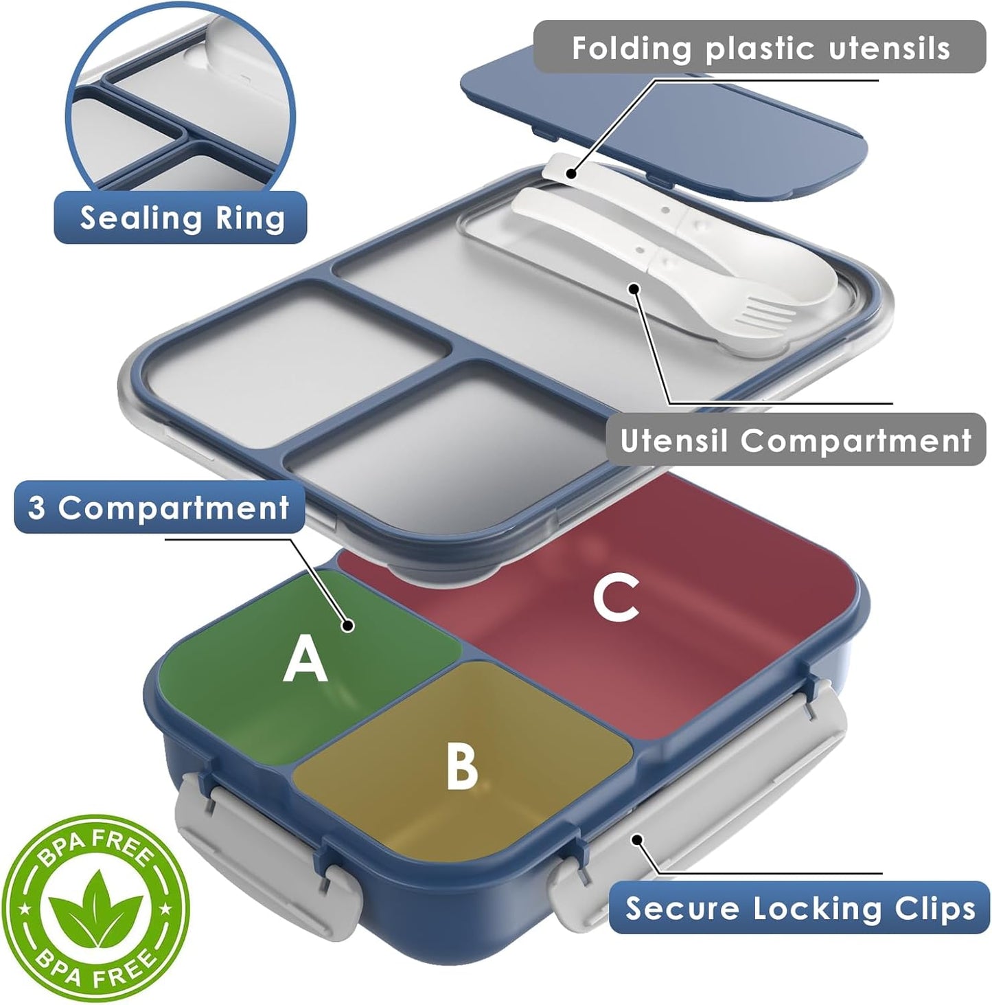 WHALEHOUSE Bento Lunch Box, 1300ML 4 Compartments Meal Prep Container with Utensil, Airtight Food Storage Container with Snap Locking Lids, Microwave/Dishwasher/Freezer Safe, On the Go