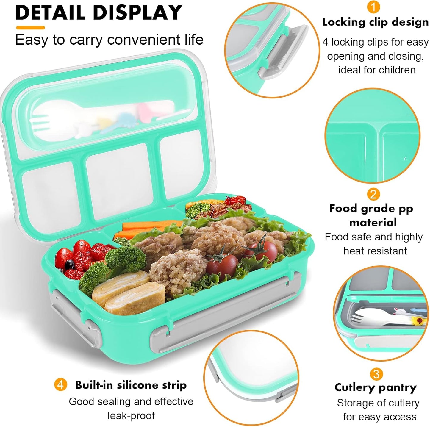 Yumuk Bento Box Adult, Lunch Box Containers for Adults Men Women, 5 Cup Bento with 4 Compartments &Spork &Sauce Box, Leak-Proof, Microwave/Dishwasher Safe(Beige)