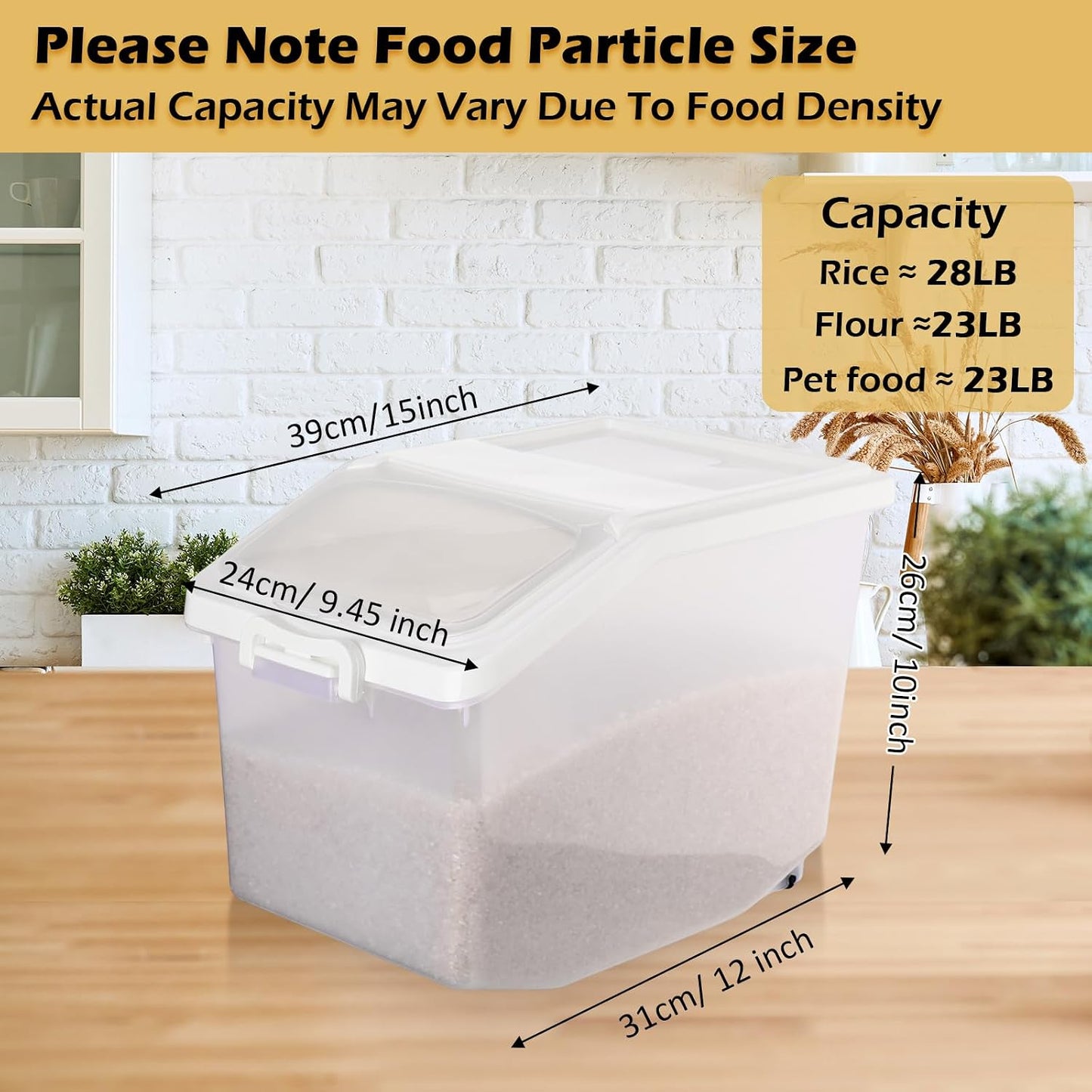 Sunnyray 4 Pcs Rice Storage Container 27.5 lb Airtight Flour Container with Wheels Measuring Cup White Pet Food Dog Cat Birds Food Bin Grain Cereal Organizer Box for Dry Baking Supplies