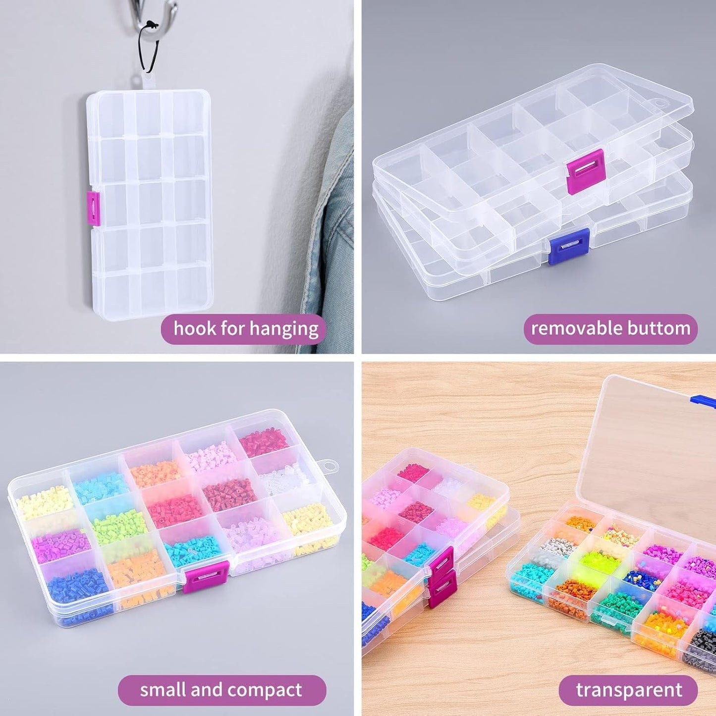 Opret 15 Grids Bead Organizer(4 Pack), Earring Organizer Box, SMALL Plastic Clear Organizing Containers with Adjustable Dividers for Crafts Jewelry Screws Small Items, Size 6.9×3.9×0.9in