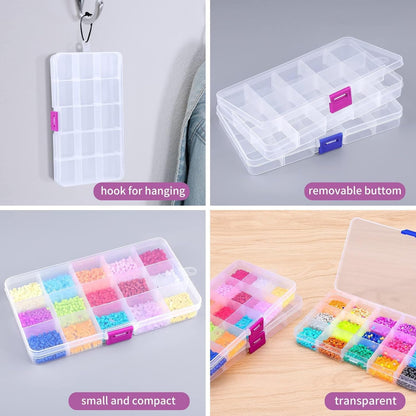 Opret 15 Grids Bead Organizer(4 Pack), Earring Organizer Box, SMALL Plastic Clear Organizing Containers with Adjustable Dividers for Crafts Jewelry Screws Small Items, Size 6.9×3.9×0.9in