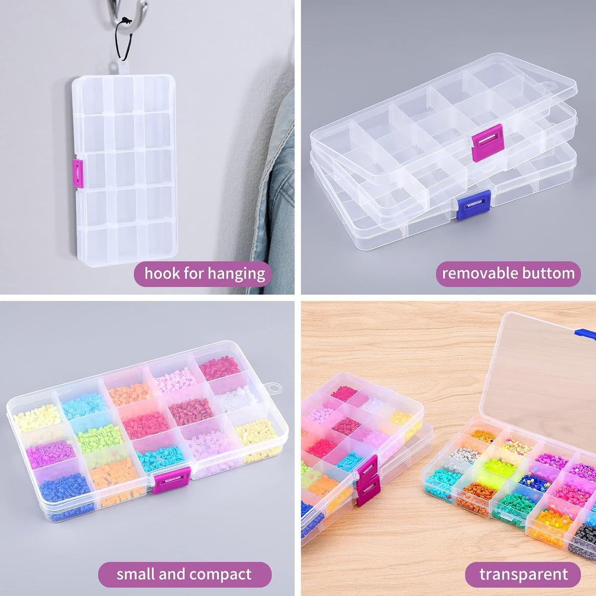Opret 15 Grids Bead Organizer(4 Pack), Earring Organizer Box, SMALL Plastic Clear Organizing Containers with Adjustable Dividers for Crafts Jewelry Screws Small Items, Size 6.9×3.9×0.9in