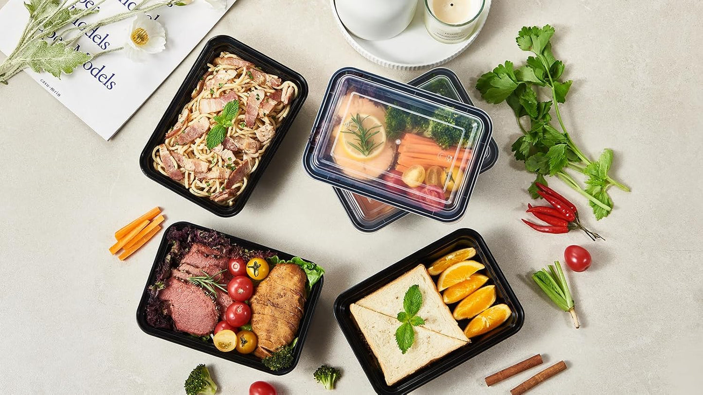 FULING 32 oz 50 ct Round Meal Prep Containers with Lids Plastic Food Storage Lunch Plan To Go Box Disposable Take Out Bowls Black BPA Free Reusable Durable Stackable Microwave Freezer Dishwasher Safe