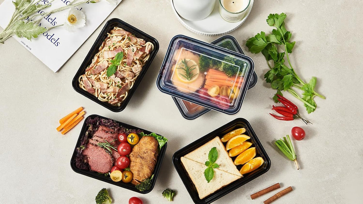 FULING 32 oz 50 ct Round Meal Prep Containers with Lids Plastic Food Storage Lunch Plan To Go Box Disposable Take Out Bowls Black BPA Free Reusable Durable Stackable Microwave Freezer Dishwasher Safe