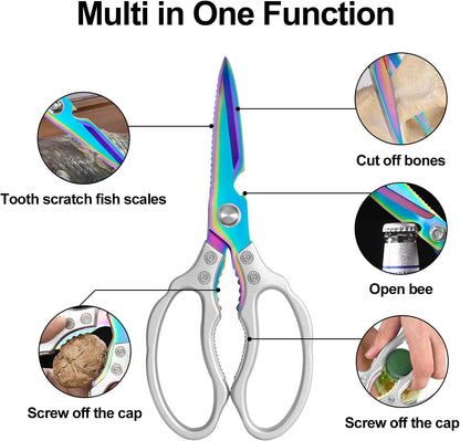 CGBE Kitchen Scissors, Multi-Purpose Kitchen Shears, Heavy Duty Dishwasher Safe Food Scissors for Chicken, Poultry, Fish, Meat & Herbs with Non-Slip Grips - Sliver