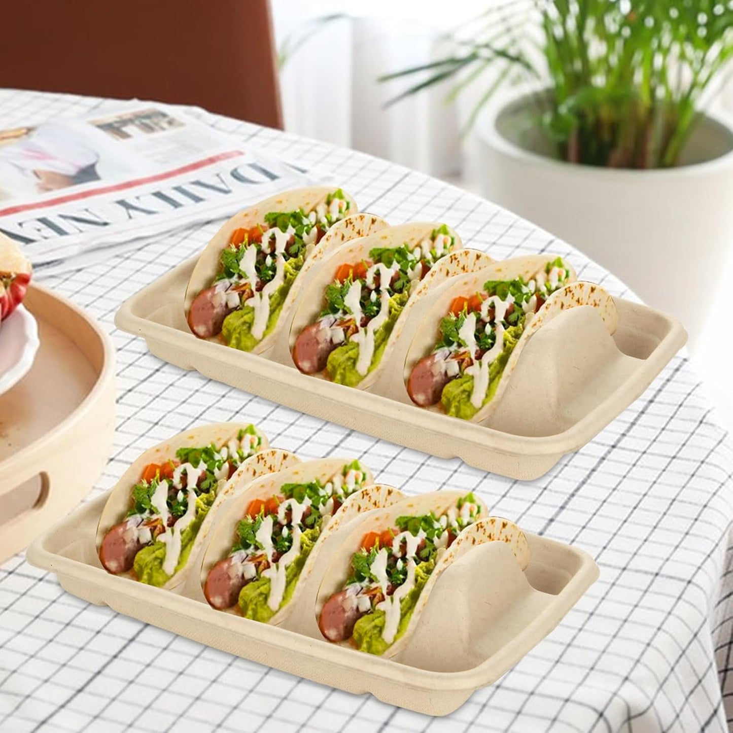 CertBuy 100 Pack Disposable Taco Holders for Party, Premium Disposable Taco Plates with Divider, Paper Taco Holder Plates Trays for 3 Tacos, Taco Tuesday, Taco Bar Serving Set for a Party