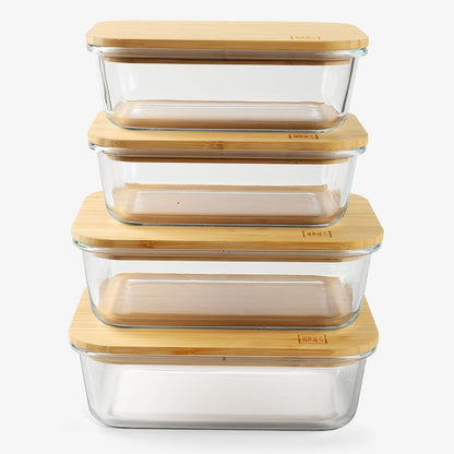 DE Glass Food Storage Containers with Bamboo Lids – 4 Pack (12oz/21oz/35oz/51oz) – BPA-Free Borosilicate Glass Meal Prep Boxes – Oven, Microwave, Freezer Safe – Stackable & Airtight