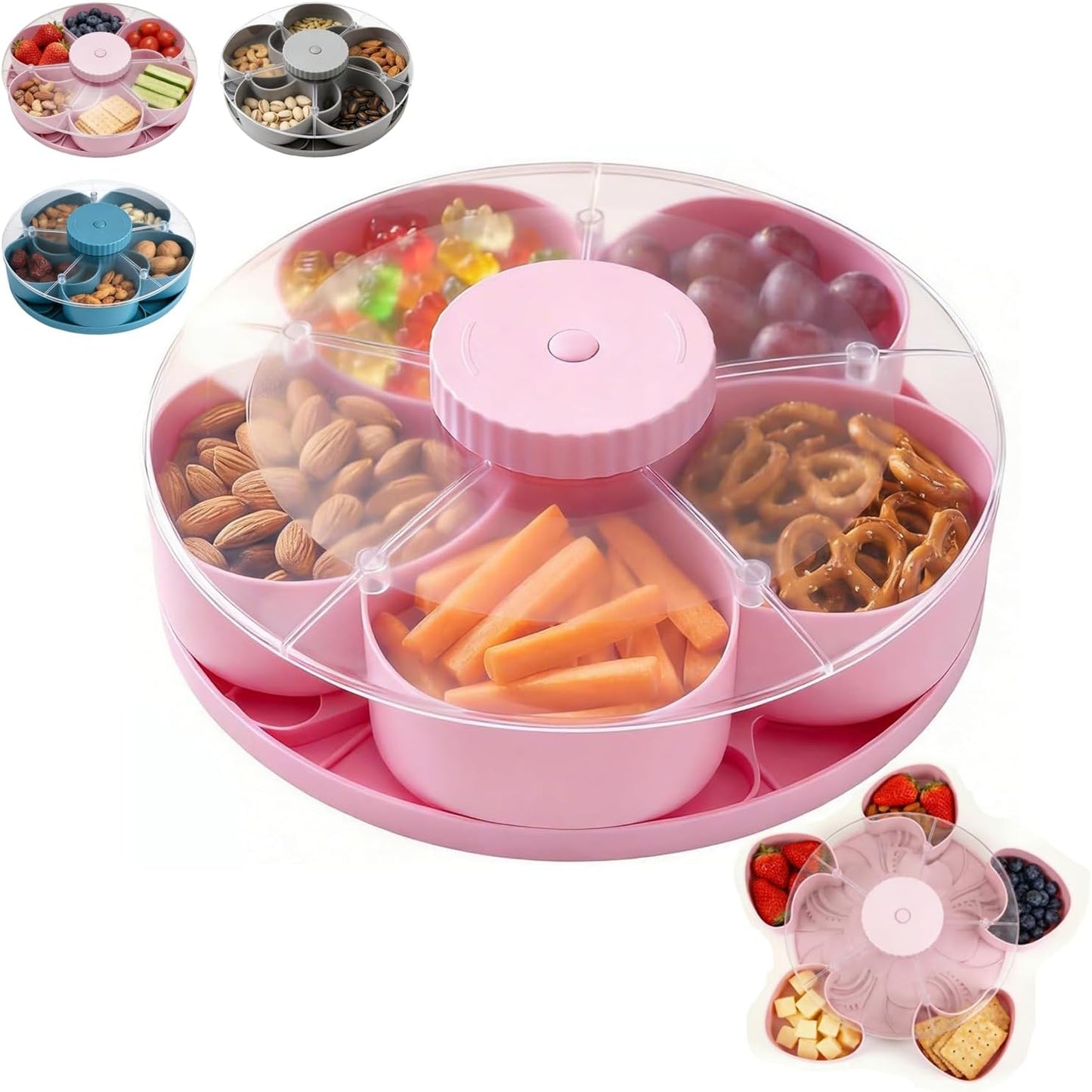 Rotating Flower Snack Serving Tray with Transparent Lid, 5-Compartment Petal Candy Dish & Nut Organizer, Creative Dried Fruit Storage Box for Living Room, Party, Home Decor (Gray)