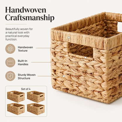 Water Hyacinth Storage Baskets for Shelves Set of 4 — Wicker Baskets for Storage and Organizing, Woven Shelf Baskets with Handles for Pantry, Kitchen, Bathroom and Bedroom, 13" x 8.25" x 7"