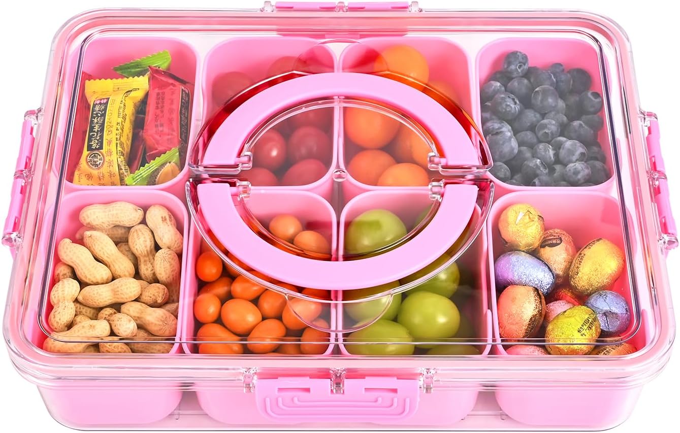 Snackle Box Container, 8 Compartment Divided Serving Tray with Lid and Handle, Snack Box Container for Candy, Fruit and Snacks, Great for Gatherings, Outings, Parties and Entertaining（Pink）