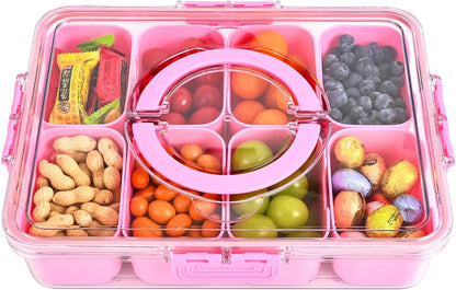 Snackle Box Container, 8 Compartment Divided Serving Tray with Lid and Handle, Snack Box Container for Candy, Fruit and Snacks, Great for Gatherings, Outings, Parties and Entertaining（Pink）