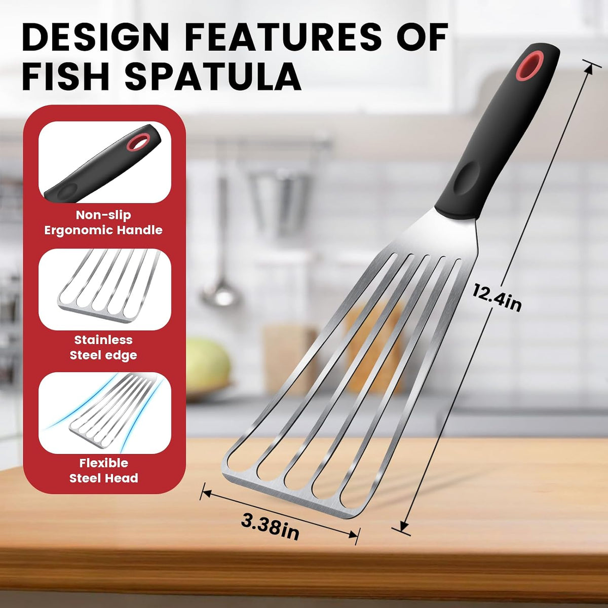 Silicone Fish Spatula, Heat Resistant Silicone Edge for Nonstick Cookware, Fish Turner for Kitchen Use, Flexible and Thin Stainless Steel Cooking utensils, Perfect Slotted Spatula for Egg, Pancake