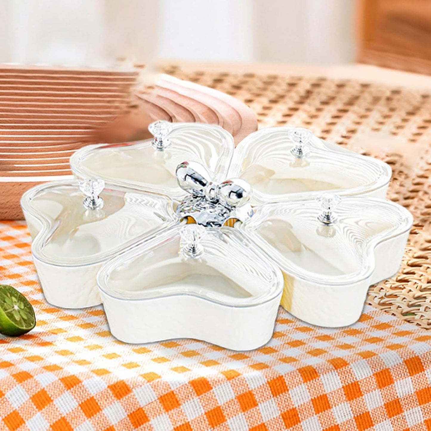 Dried Fruits Tray Candy Snack Plates Platter Appetizer Tray Divided Serving Tray for Cupcake Dried Fruits Family Holiday Home, Clear Grey Bowknot