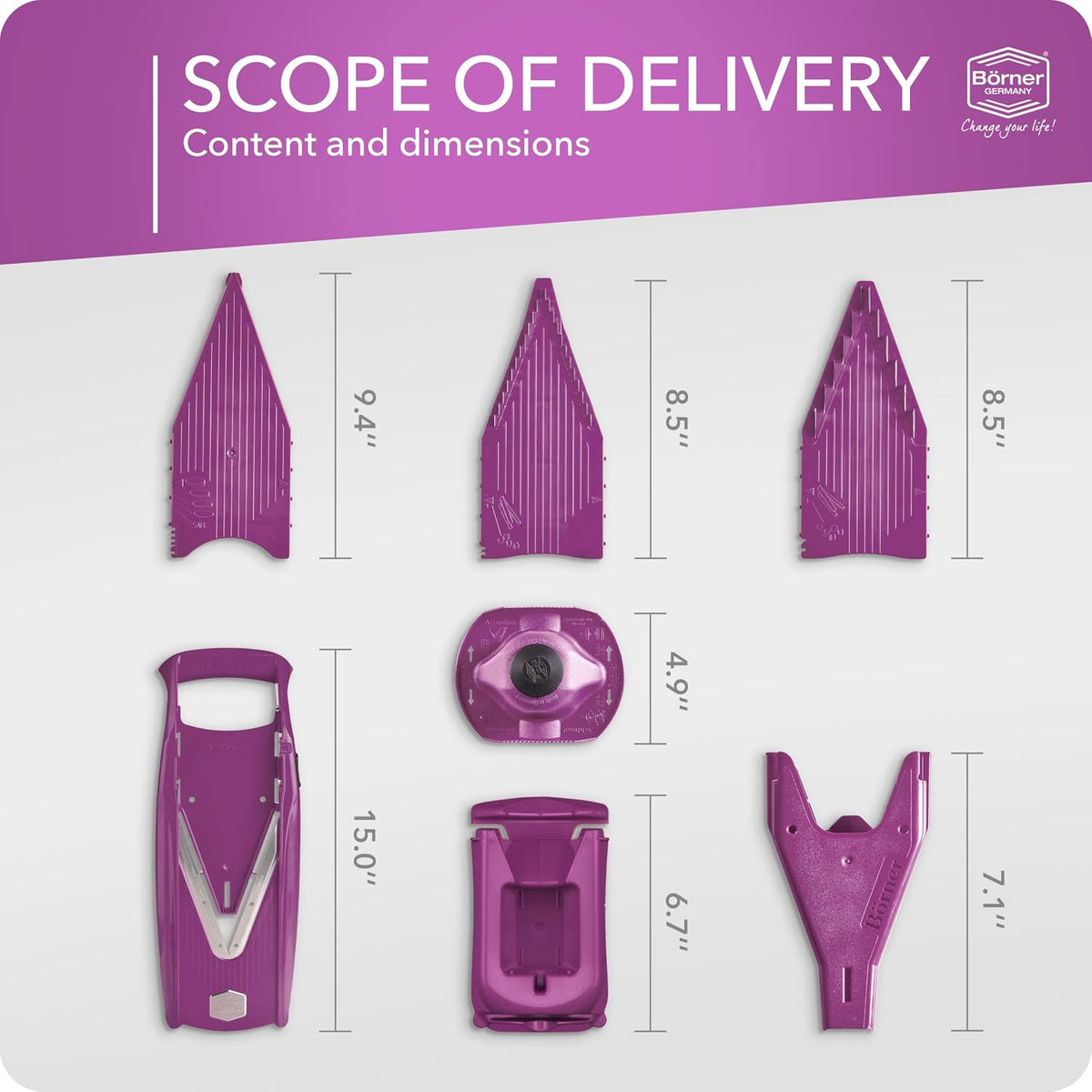 Mandoline Food Slicer Börner V5 (Profi Set) by Reston Lloyd • V-Slicer with 4 Inserts, Docking Station & Food Holder • Made in Germany • Fruit & Vegetable Chopper • Multiple Settings • Color: Purple