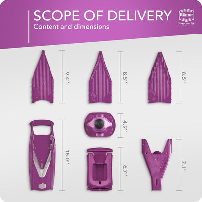 Mandoline Food Slicer Börner V5 (Profi Set) by Reston Lloyd • V-Slicer with 4 Inserts, Docking Station & Food Holder • Made in Germany • Fruit & Vegetable Chopper • Multiple Settings • Color: Purple