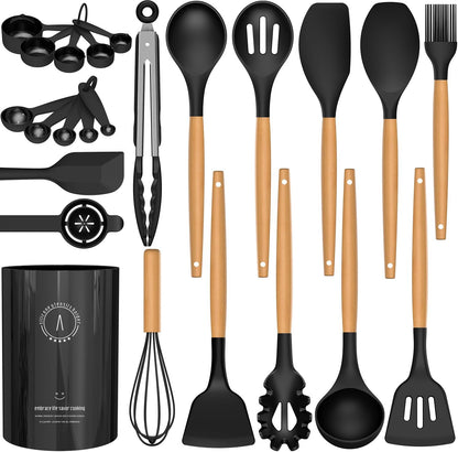 Silicone Cooking Utensils Set - AVGPD Silicone Kitchen Utensils for Cooking Wooden Handles, 446°F Heat Resistant Kitchen Utensil Spatula Sets, Gadgets for Non-Stick Cookware BPA FREE (Black)