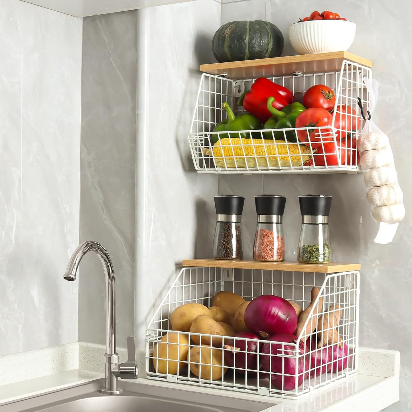 Mefirt Fruit Basket, 2-Tier Fruit Bowl for Kitchen Counter, Stackable Wall Mounted Fruit Storage, Snack Organizer, Potato and Onion Storage Basket, Hanging Pantry Storage with Wood Lid, 2 Set, White