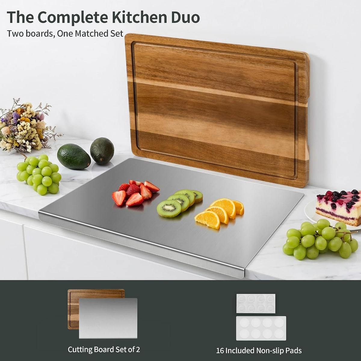 Stainless Steel Cutting Board Set for Kitchen, 2 Pack Metal Cutting Board with Counter Lip Dishwasher Safe Chopping Board for Meat, Vegetables, Fruits, Bread, Kneading (40 x 30cm/ 16 x 12 in)