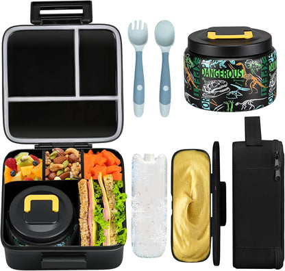 JXXM Bento Lunch Box for Kids With 8oz Soup thermo,Leak-proof Lunch Containers with 5 Compartment,thermo Food Jar and Lunch Bag, Food Containers for School (A-Blue(Extreme Locomotive))