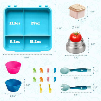 JSLOVE Bento Lunch Box with Leak Proof Thermos Food Jar for Kids, Food Lunch Containers for Boys with 4 Compartments, BPA-Free with Utensils, Food Picks, Sauce Jar & Silicone Lunch Box Dividers