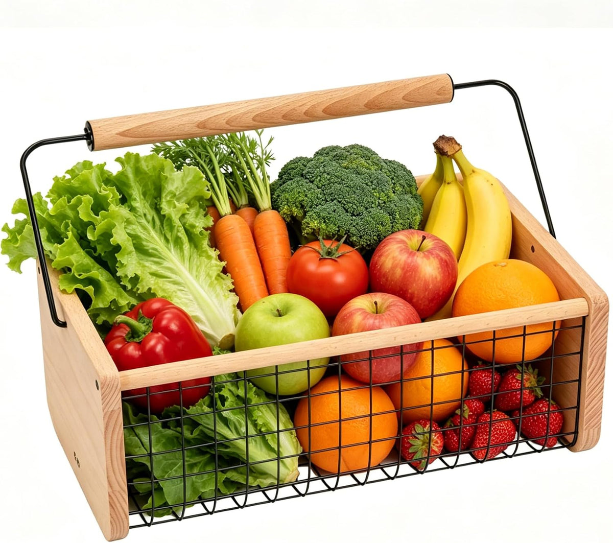 Garden Hod Harvest Basket, Wooden Garden Harvest Basket with Metal Mesh, Vegetable Gathering Basket for Fruit Picking, Rinse & Drain Gardening Basket for Kitchen, Picnic, Farmhouse Decor-Big
