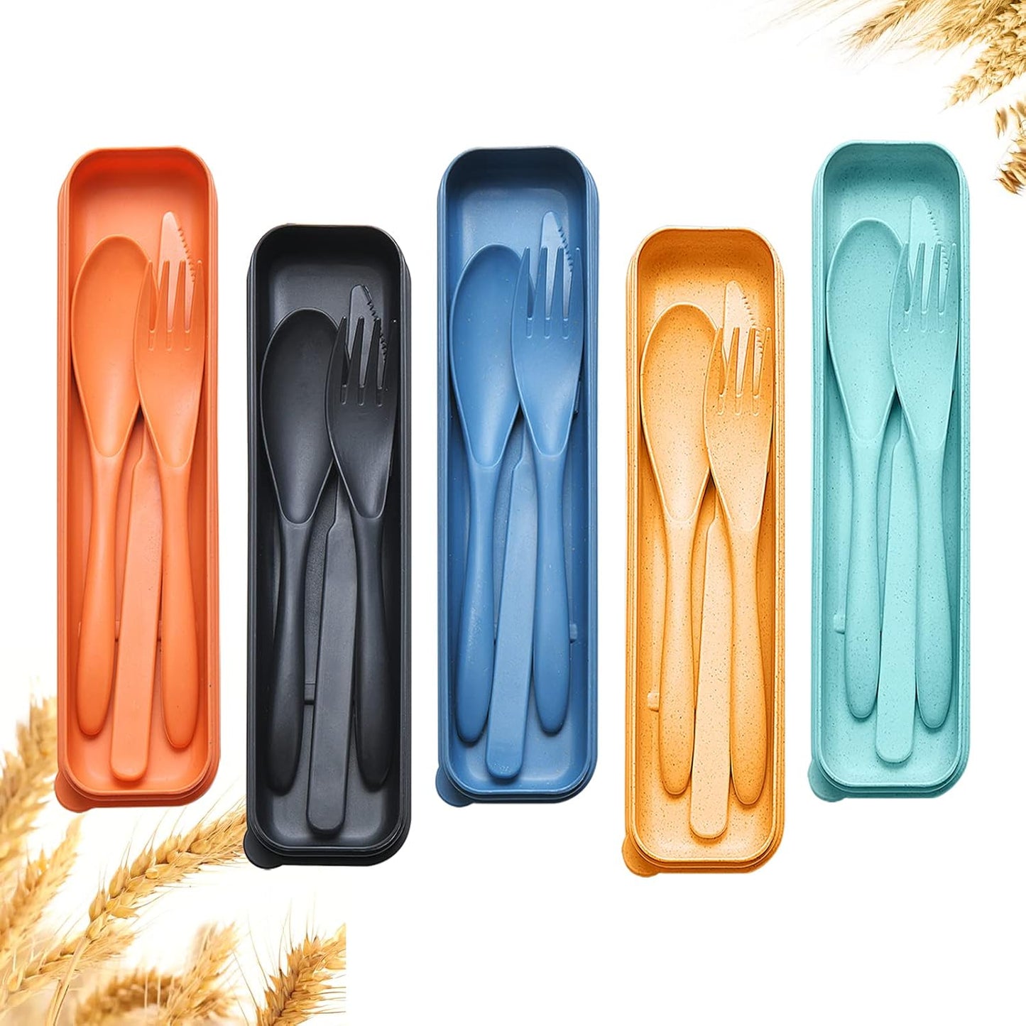 Reusable Travel Utensils Set with Case, 2 Sets Wheat Straw Portable Plastic Fork Spoons Knife Camping Cutlery, Eco-Friendly BPA Free Lunch Tableware for Kids Adults Travel Picnic Utensils