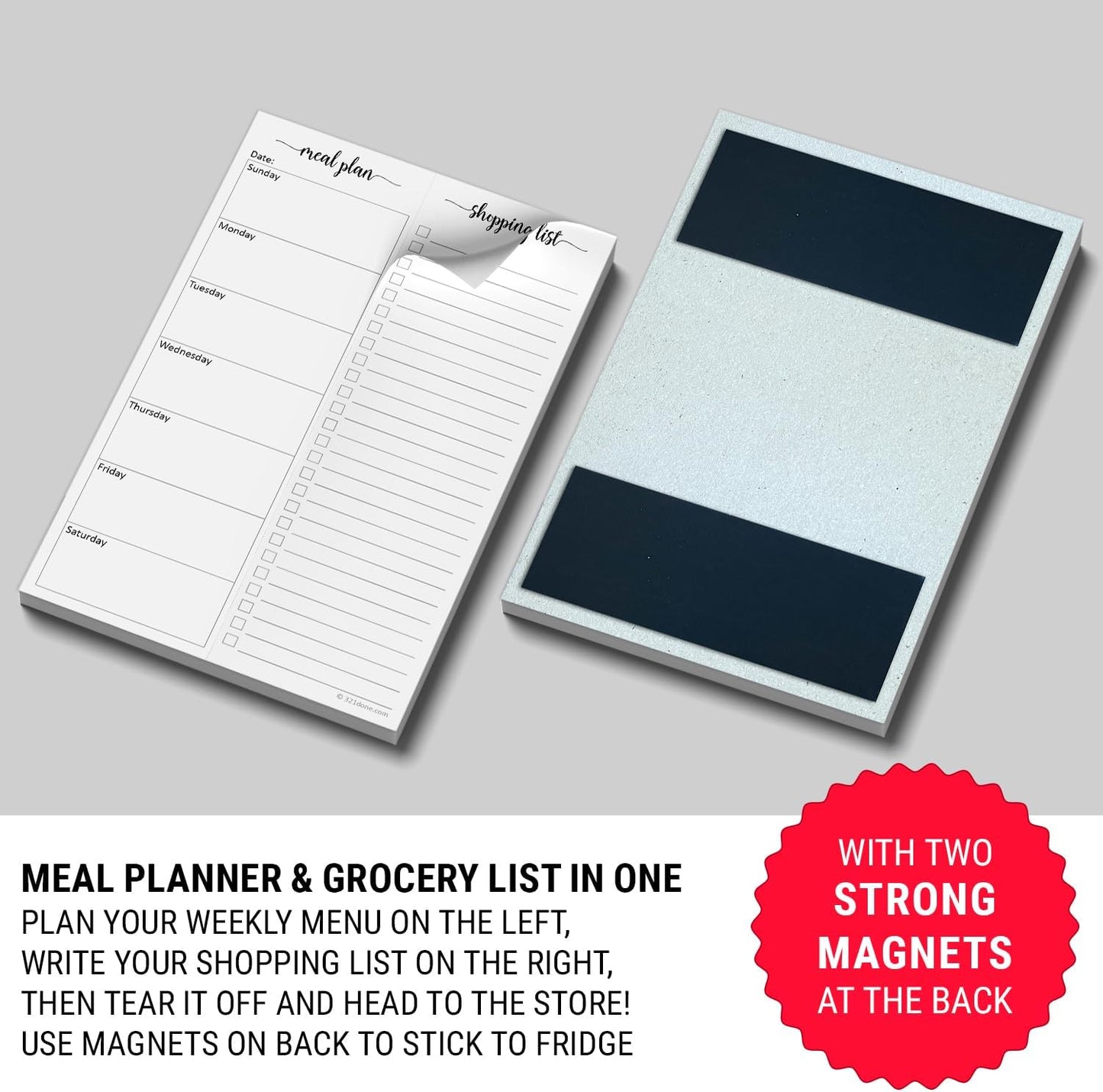 321done Magnetic Weekly Meal Plan Shopping Checklist Notepad - Tear-Off 50 Sheets, 5.5x8.5 - Undated, Sunday to Saturday To-Do List Planner, Schedule Weekly Desk Pad, Weekday Planning Notepad - Made in USA