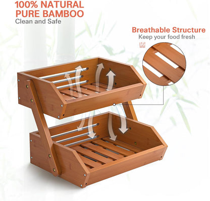 G.a HOMEFAVOR Large Bamboo Fruit Basket, 2-Tier Fruit Bowl for Kitchen Counter, Vegetable Storage Stand for Fruit Shop, 15 mm Thickness (Self-assembly)
