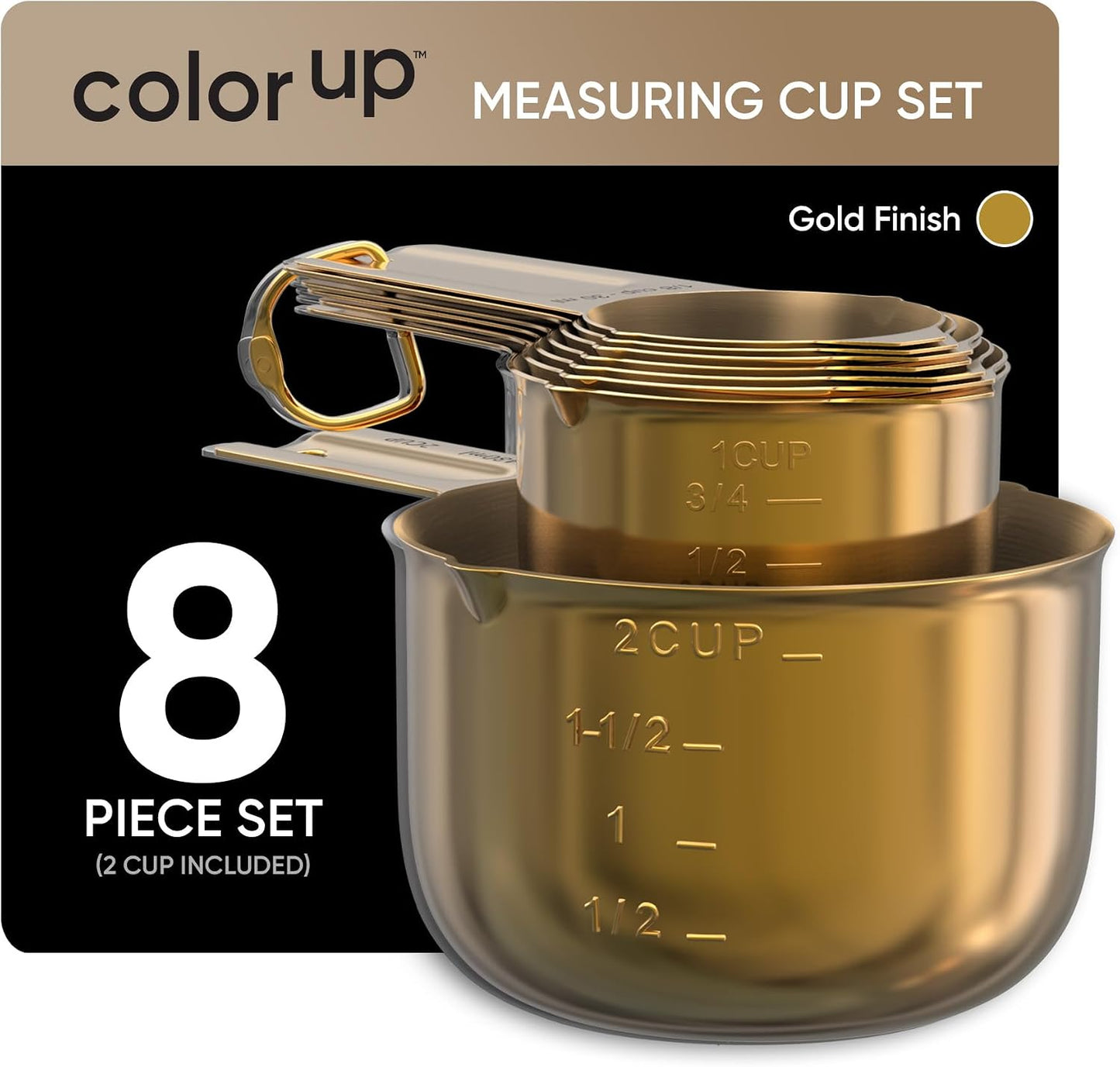 Color Up Measuring Cup Set, 8 Piece, Copper and Chrome Finish, Stainless Steel, Accurate for Wet & Dry Ingredients, Embossed Markings, Easy Pour Spouts, Dishwasher Safe, Kitchen Essential (Stainless)
