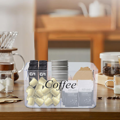 Coffee Bar Station Organizer,Clear Plastic Coffee Bar Accessories Bin with Removable 5-Compartment for Pods Condiment Syrup Tea Cups Stirrers,Coffees Pod Holder for Counter,Kitchen,Office