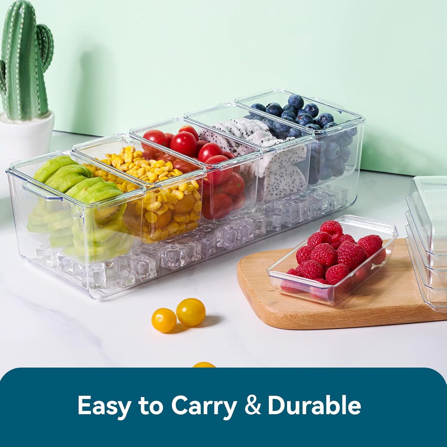 Chilled Condiment Tray Server with 5 Small Containers and Removable Compartments, Ice Chilled Condiment Organizer, Clear Garnish Serving Platter for Fruit, Salad, Food, Outdoor Events, Picnics
