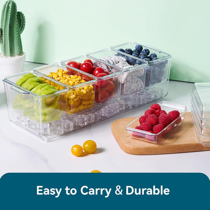 Chilled Condiment Tray Server with 5 Small Containers and Removable Compartments, Ice Chilled Condiment Organizer, Clear Garnish Serving Platter for Fruit, Salad, Food, Outdoor Events, Picnics