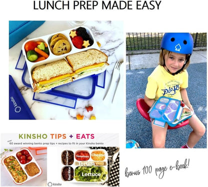 Bento Lunch Box for Kids or Adults, Snack Containers for Boys, Girls, School Daycare Work, 3 Divided Compartments Meal Planning Portion Control, BPA-Free Boxes, Utensils | Blue Purple 2 pack