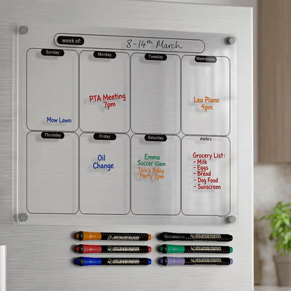 Acrylic Magnetic Calendar for Fridge, Set of 2 Clear Dry Erase Calendar Reusable Planning Boards Monthly & Weekly Black, with Wet Erasable Markers 16" x 12" inches