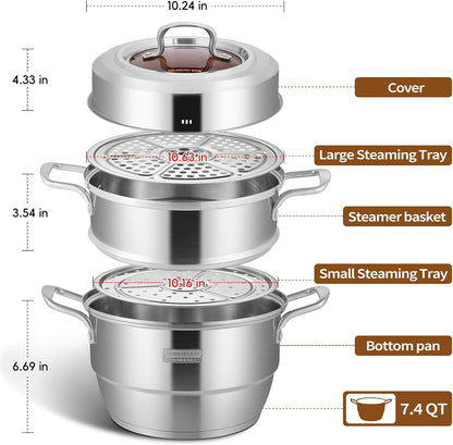 GOLDEN KEY 3.2 QT Steamer Pot With Lid - 2-Tier 18/8 Stainless Steel，Multipurpose Steaming Cookware with Vegetable Steam Basket, Oven & Dishwasher Safe, Triple Bottom for Even Heating, Perfect for Dumplings, Seafood and Vegetables