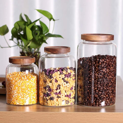 Large Glass Jar with Airtight Lid Set of 2 93 FL OZ(2750ml) glass canister set, Glass Food Containers Wooden Lid Suit for Kitchen Pantry for Flour, Tea, Coffee Beans, Sugar, Cookies(8.8 inch high)